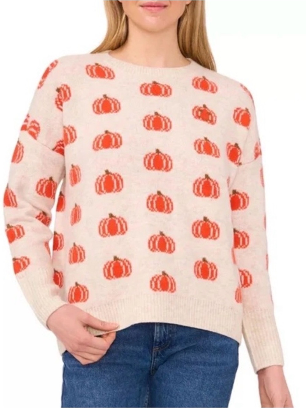 Vince Camuto Cream Crewneck Sweater with Orange Pumpkin Motif